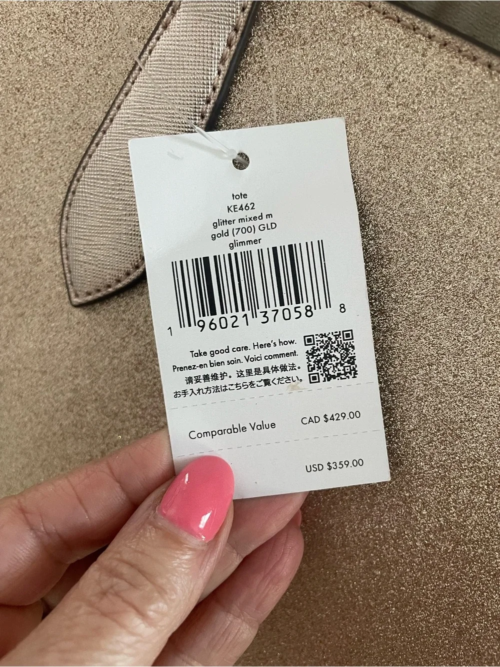 kate spade Metallic Champagne Glitter Tote with Cherry Charm